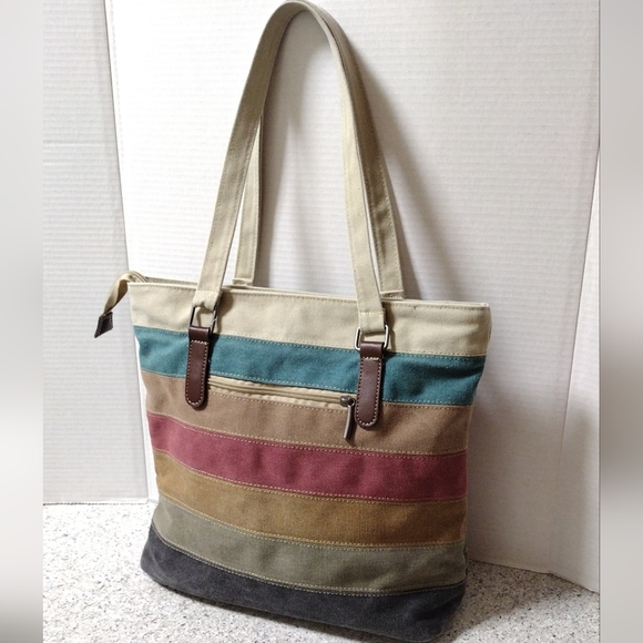 MANJIANGHONG Multi Coloured Striped Canvas Tote Shoulder Bag Casual Handbag - Picture 3 of 9